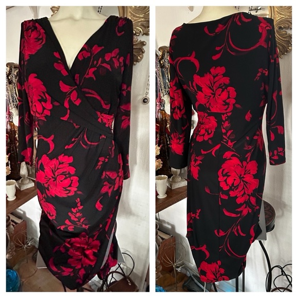 Lauren Ralph Lauren Faux Wrap Black & Red Floral Print Dress - Picture 2 of 6